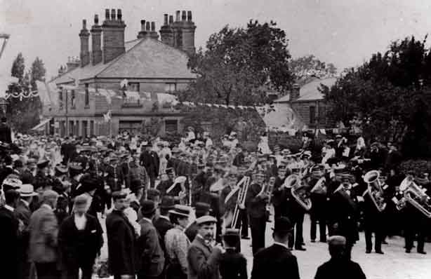 1902 Coronation procession Burley in Wharfedale led by Baildon Brass Band. 