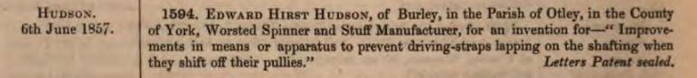 1857 patent - Edward Hirst Hudson, Burley.