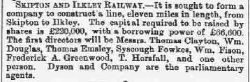 1873 - Skipton and Ilkley Railway proposed - Thomas Emsley director - Wharfedale Airedale Observer 27th Dec