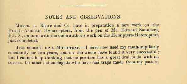 The Entomologist – The Success of A Moth Trap – issue 26, submission by Mary Chorley nee Kimber 1893.
