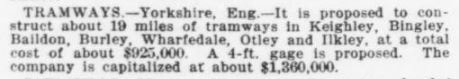 1903 Engineering News - Tramways proposal includes Burley In Wharfedale.