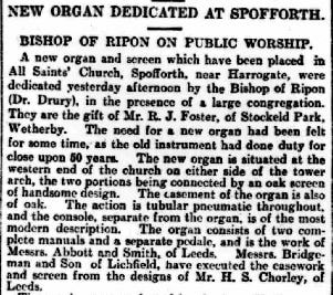 1913 - Organ Dedication All Saints Church Spofforth. Casework & screen designed by Harry Chorley of Connon and Chorley.