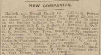 1920 Feb Matlock Bonsall Basalt Co Arthur Newsome Robert Peel article in Sheffield Daily Telegraph.