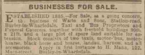 1925 Business for Sale - Waite and Sons, Station Road, Burley in Wharfedale.