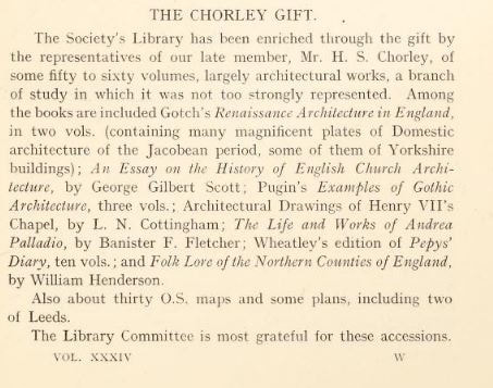 1939 - Harry Sutton Chorley's Gift to Yorkshire Archaeological Society Library.