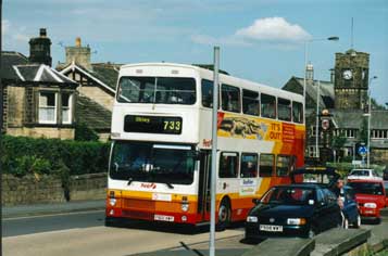 1999 First Group 733 service on Main Street, Burley in Wharfedale. 