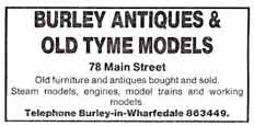 Burley Antiques and Old Tyme Models 78 Main Street, Burley in Wharfedale. Advert 1985.