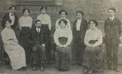 1914 Burley National School staff a cutting from 1982 Wharfedale & Airedale Observer.