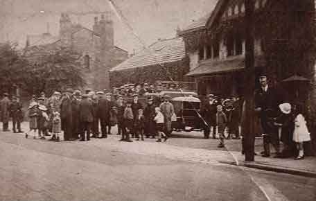 Charabanc outside the Red Lion, Main Street. Burley in Wharfedale.