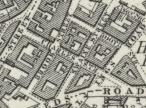 Charles Street & Brook Street, Bradford. Map 1847-50 OS 1852.