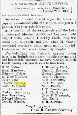 Duluth Minnesotian 4 Sept 1869 - Railroad Excursionists - Thomas Emsley