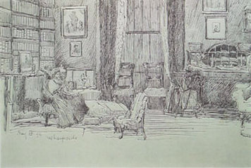 1894 Drawing Interior Wharfeside by Florence Arnold-Forster. Burley in Wharfedale.