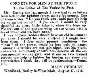 Letter by Mary Chorley to Yorkshire Post. 19th August 1916. Requesting Cornets