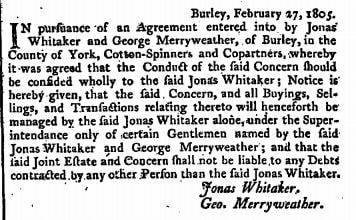 1805 Ending of partnership Jonas Whitaker and George  Merryweather.