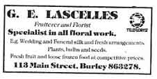 G E Lascelles - Fruiterer & Florist 113 Main Street, Burley in Wharfedale. 1985 advert.
