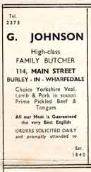 G Johnson - Butcher 114 Main Street, Burley in Wharfedale. Advert c1950s.