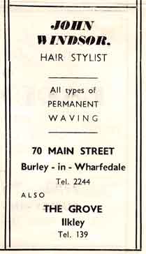 John Windsor - Hair Stylist 70 Main Street Burley in Wharfedale. Advert c1950s.