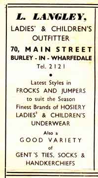 L Langley - Ladies and Children's Outfitter 70 Main Street, Burley in Wharfedale. Advert 1950s.