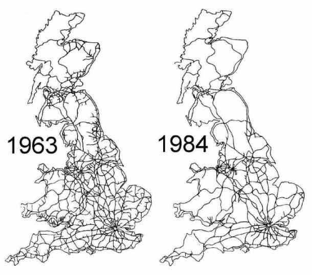 Map of Rail Network - Between 1963 & 1984. Before and After the Beeching Cuts
