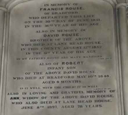 Rouse Memorial Tablet in St Pauls Parish Church Shipley - David Rouse, Ann Rouse & Robert Rouse.