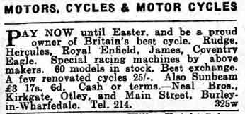 Neal Brothers Motorcycles 134 Main Street, Burley in Wharfedale. Advert 1931 - Shipley Times & Express.
