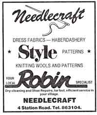 Needlecraft - Dress Fabrics, Haberdashery, Patterns, Knitting   Wools 4 Station Road, Burley in Wharfedale. Advert 1985.