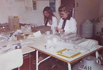 Nita Kelly and Irene Carter in laboratory at Colston House Burley in Wharfedale.