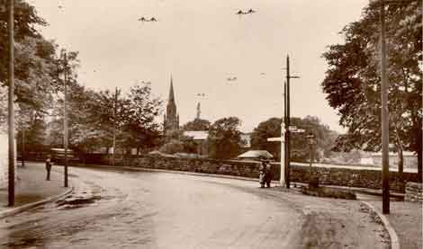Overhead wires for Trackless Tram. Bradford Road & Otley Road junction, Burley in Wharfedale.