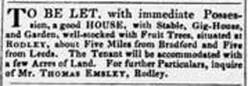 1837 - To Be Let House at Rodley  by Thomas Emsley - Leeds Intelligencer - BNA