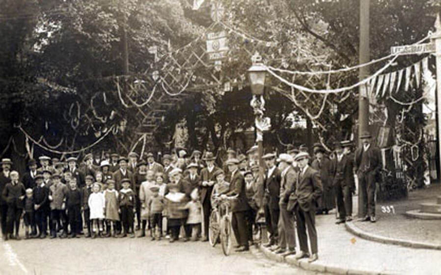 1919 Peace Celebrations - Station Rd junction with Main St., Burley In Wharfedale.