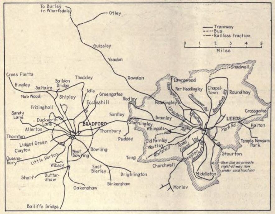 1924 Leeds and Bradford Map of routes - tramway, bus & railless traction.
