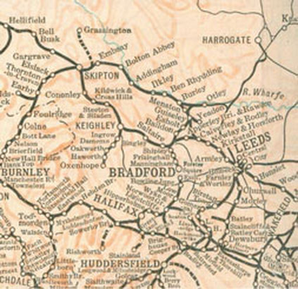 1939 LMS Timetable Map. Includes Burley in Wharfedale.