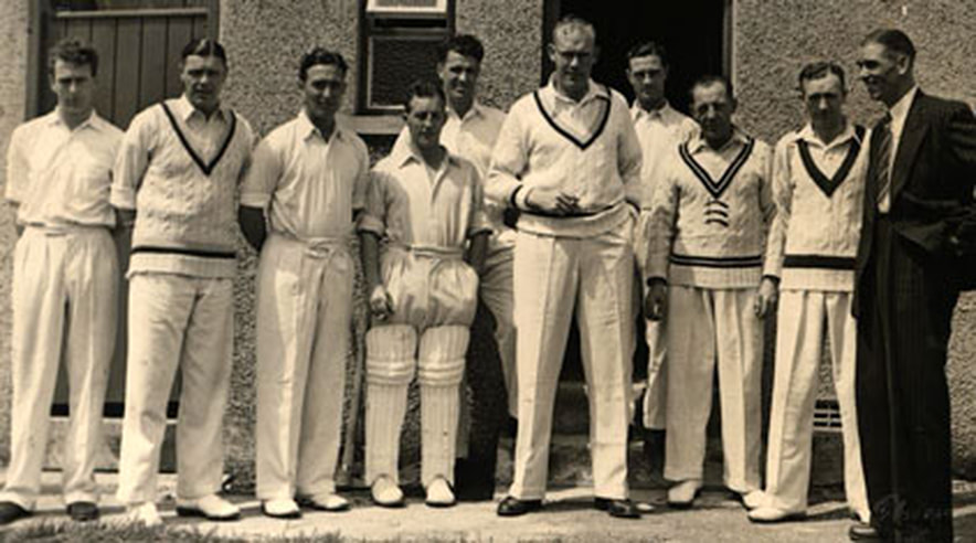 1947 Bill Bowes' Benefit Cricket Match 9 players at Burley in Wharfedale.