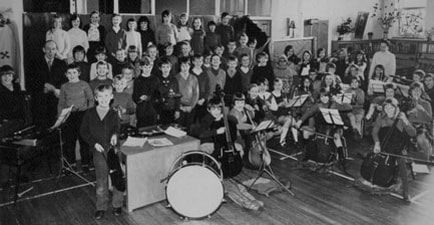 c1970 Burley CofE Primary orchestra and choir, Aireville Terrace, Burley in Wharfedale.