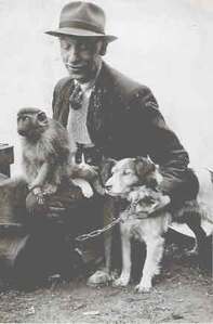 Fred Rathmell with Jenny (monkey), cat and Dinkie (dog). Cream Bus Service, Burley in Wharfedale