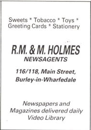 RM & M Holmes Newsagents - 116/118 Main Street, Burley in Wharfedale. Advert from 1987 Burley Handbook.