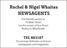 R&N Whaites Newsagents - 72 Main Street, Burley in Wharfedale. Advert from 1987 Burley Handbook.