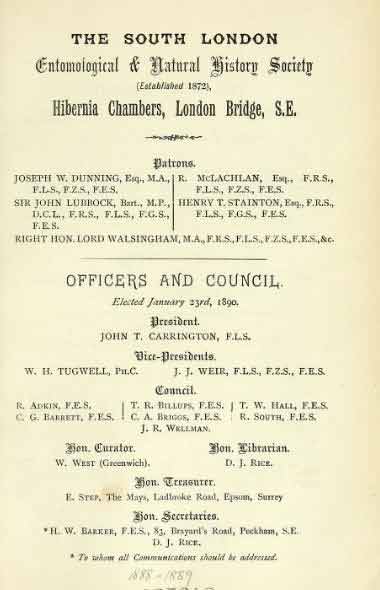 South London Entomological & Natural History Society est. 1872. Mary Chorley nee Kimber 1888