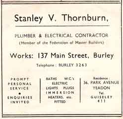 Stanley V Thornburn - Plumber Electrical Contractor 137 Main Street, Burley in Wharfedale. c1950s Advert.