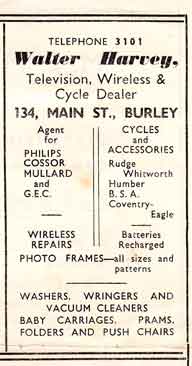 Walter Harvey - TV Wireless Cycle Dealer 134 Main Street, Burley in Wharfedale. Advert  c1950s. 