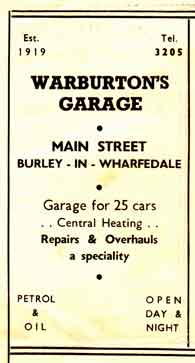Warburton's Garage Main Street Burley in Wharfedale. Advert  1950s.