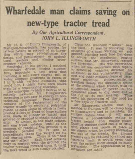 Yorkshire Post cutting - Jan 6th 1950 - Jim Illingworth patent tractor tread. Burley in Wharfedale.